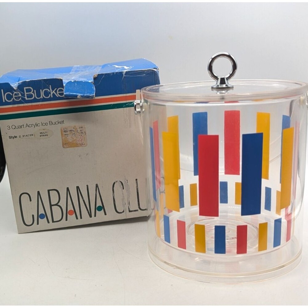 Vintage  Mid-Century Modern Multi-Color Ice Bucket with Handle & Lid Cabana Club